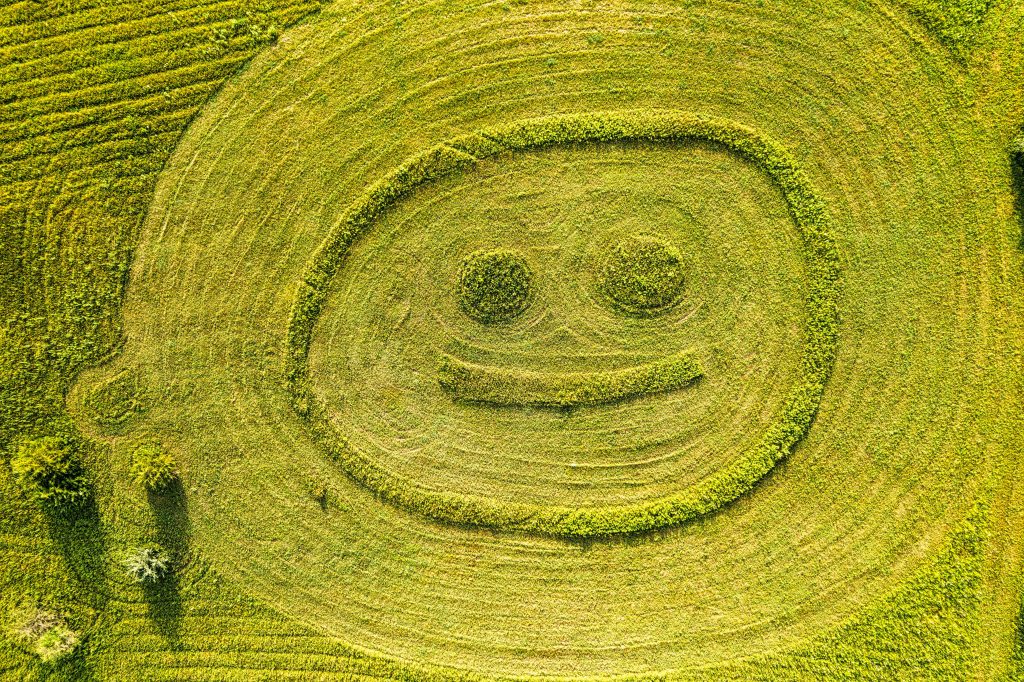 Aerial shot of a smiley face created in an agricultural field in summer.